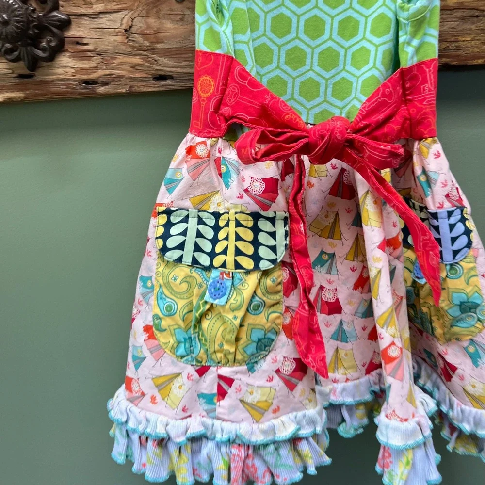 Matilda Jane Girls Size 2 Mixed Print Camping Tent Ruffle Dress Green Pink D1556